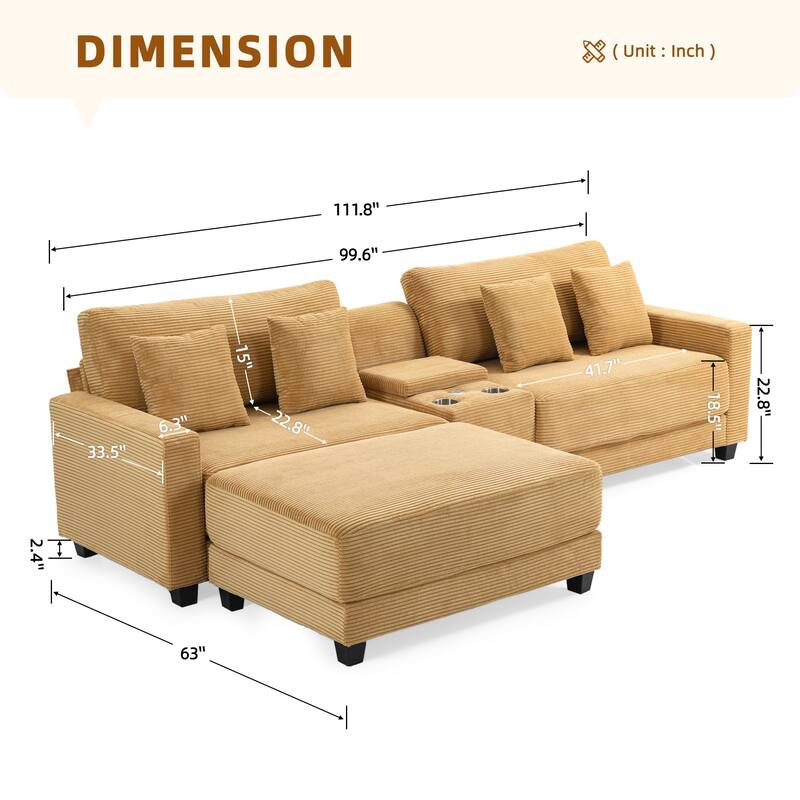 Oversized Corduroy Upholstered Sofa with a Removable Ottoman & 4 Pillows