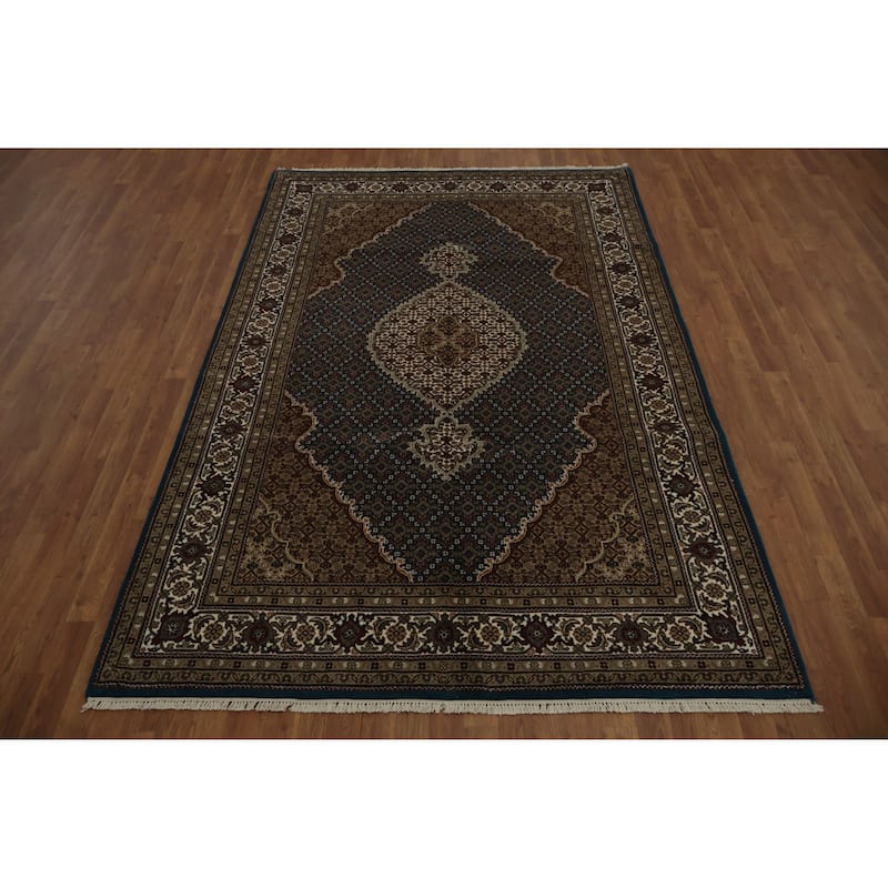 Hand Knotted Oriental 100% Wool Carpet Traditional Floral Navy Blue & Blues Tabriz Area Rug - 9' 4'' X 6' 0''