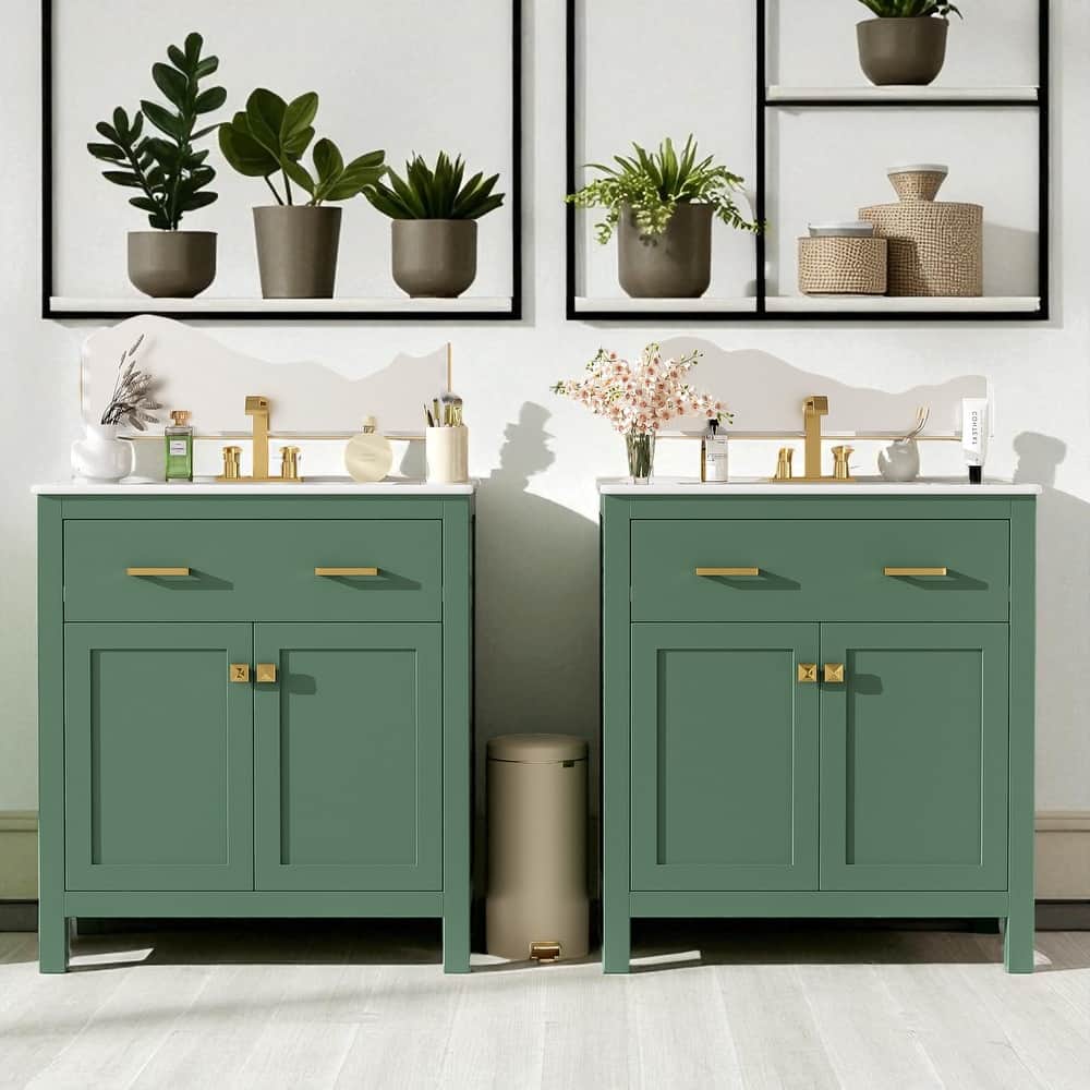 60'' Double Sink Bathroom Vanity with Ceramic Sinks, Solid Wood Frame, Flip Drawer, Adjustable Shelf, Soft-Close Doors