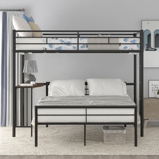 Twin Size Loft Bed & Full Size Platform Bed Set, Metal Bunk Bed Frame with Built-in Curved MDF Desk, Ladder and Safety Guardrail