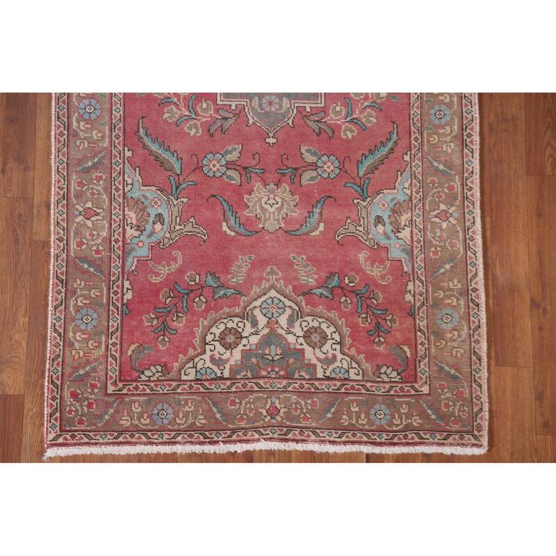 Hand Knotted Oriental 100% Wool Carpet Traditional Floral Pink Tabriz Runner Rug - 12' 9'' X 3' 3''