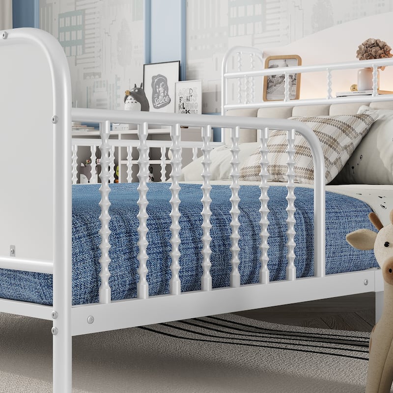 Full Size Metal Platform Bed Frame with Light, Kids Full Metal Bed with Upholstered and Storage Headboard