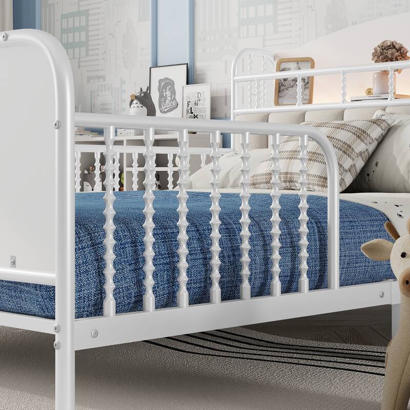 Kids Platform Bed Metal Frame with Linen Fabric Upholstered Storage Headboard Built-in Light Strip, Both Sides Rails
