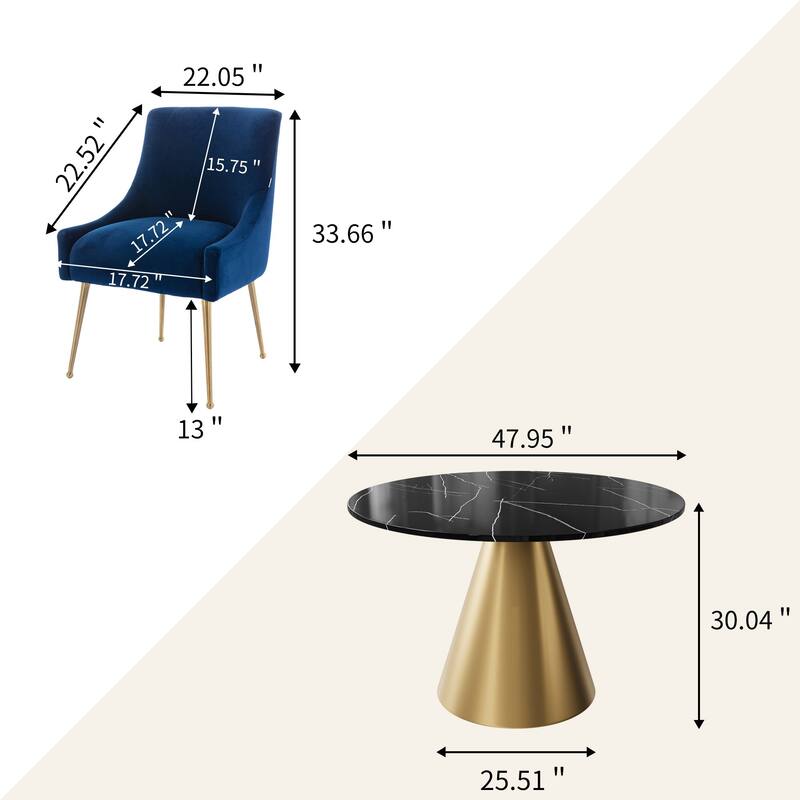 48" Marble Top Metal Dining Table with Velvet Dining Chair Set