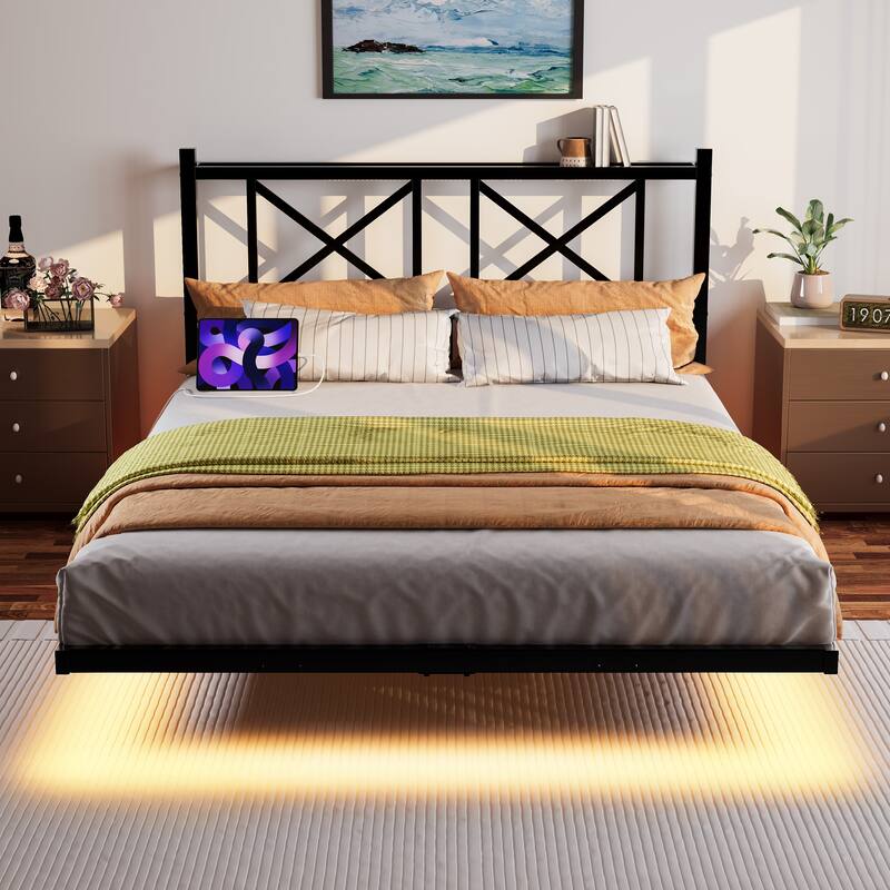 Floating Platform Bed with Storage Headboard, USB Charging & LED Lights. Heavy Duty Steel Slats