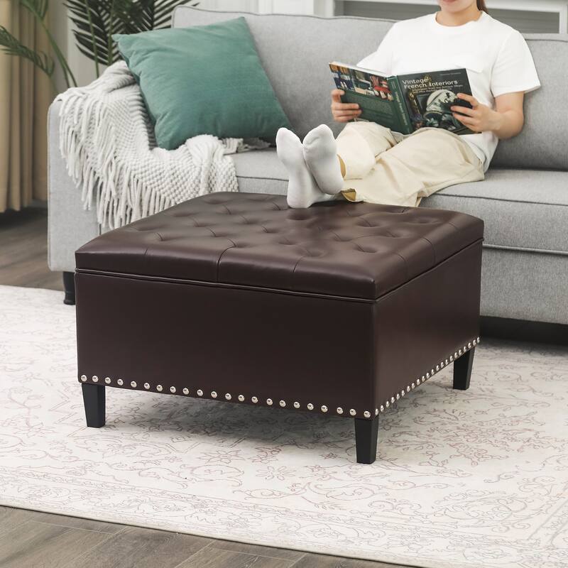 Adeco Large Square Footstool Fabric Storage Ottoman Bench