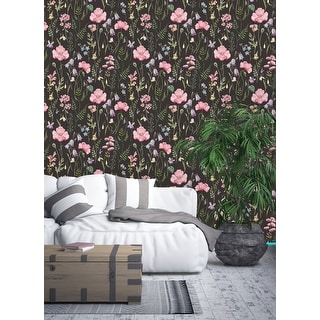 Hand Painted Field Flowers on Black Background Removable Wallpaper ...