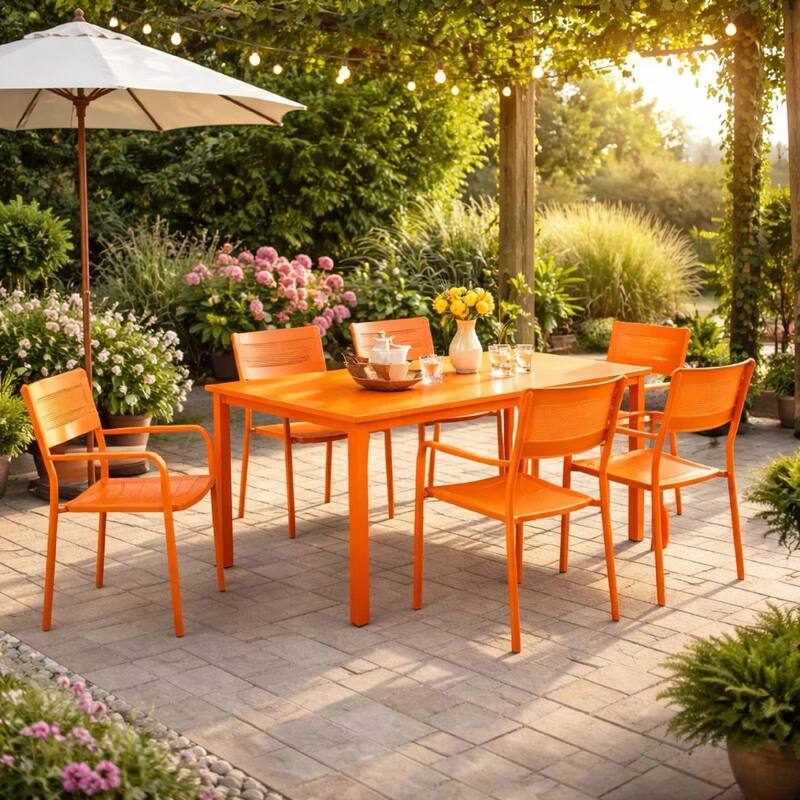Meta 7 Piece Outdoor Dining Table, Chairs Set, Orange, Plank Seat and Back