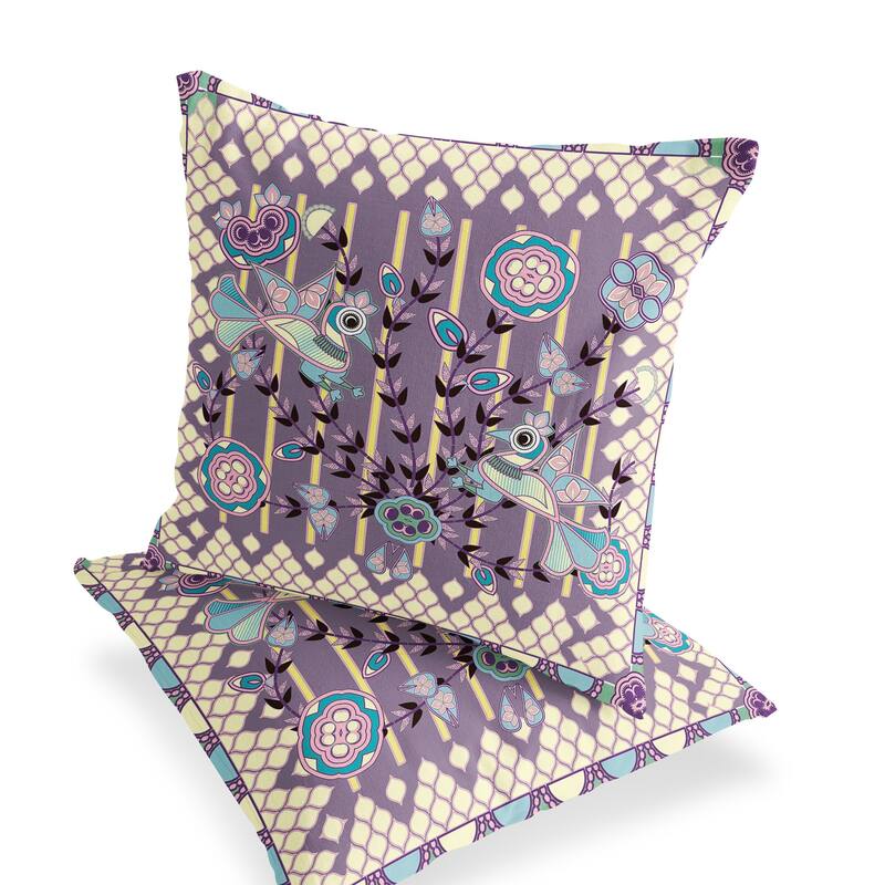 HomeRoots Set of Two 16" X 16" Blue and Purple Peacock Blown Seam Floral Indoor Outdoor Throw Pillow - 16.00' X '16.00' X '5.00