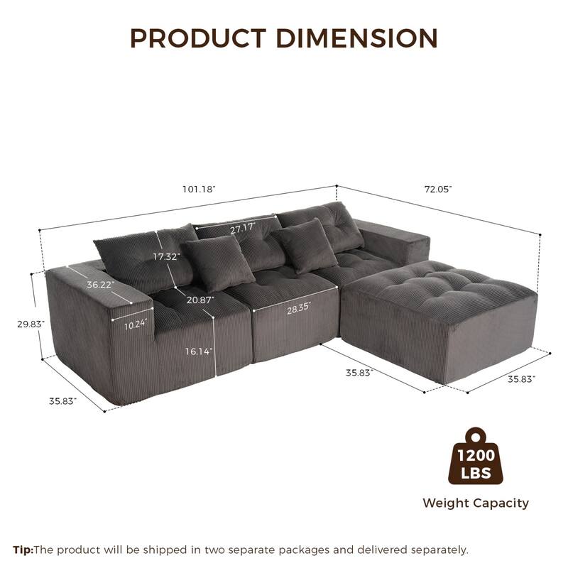 101.18" Corduroy Modular Sectional Sofa with Ottoman, No Assembly Required