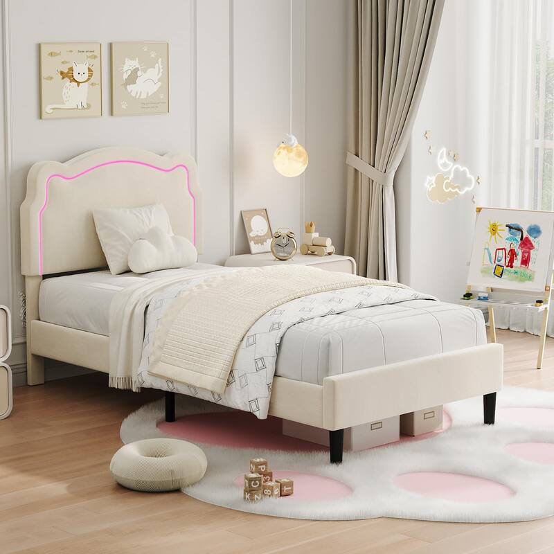 Twin Size Platform Bed Frame, Velvet Upholstered Bed Frame with Height Adjustable Bear-Shaped Headboard