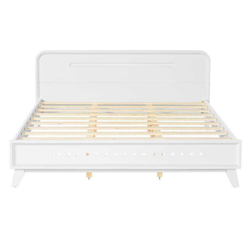 Rustic Pine Wood Bed Frame Low-Profile Platform Bed with Panel Headboard Solid Wood Slat Support and Extra Wide Thickened Legs