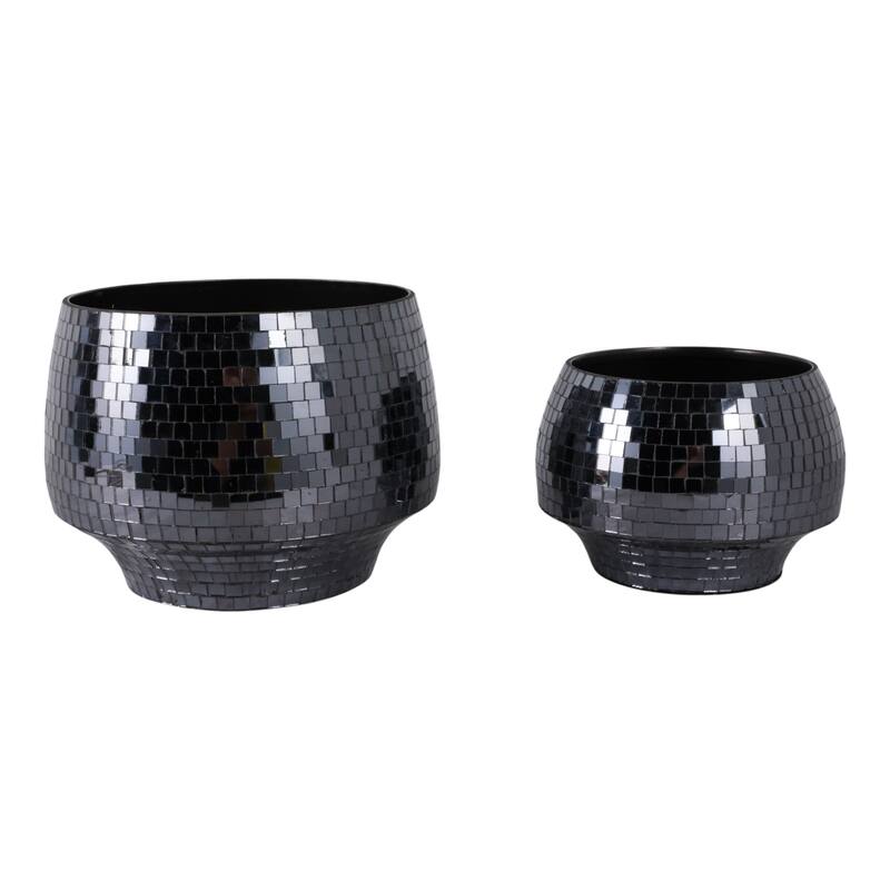 Metal Planters Mirrored Mosaic Surface Modern Accent Home (Set of 2)