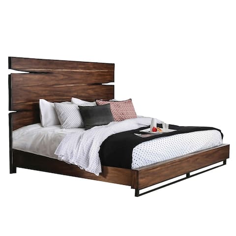 California King Size Wooden Bed with Slit Panelled Headboard, Brown