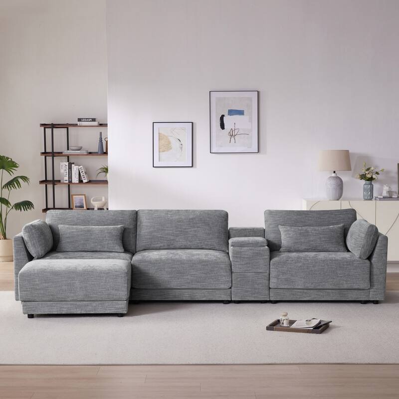 Oversized Modular Sectional Sofa, Chenille 4 Seat Sofa with Storage Console & Movable Ottoman, Comfy Sofa with 4 Pillows