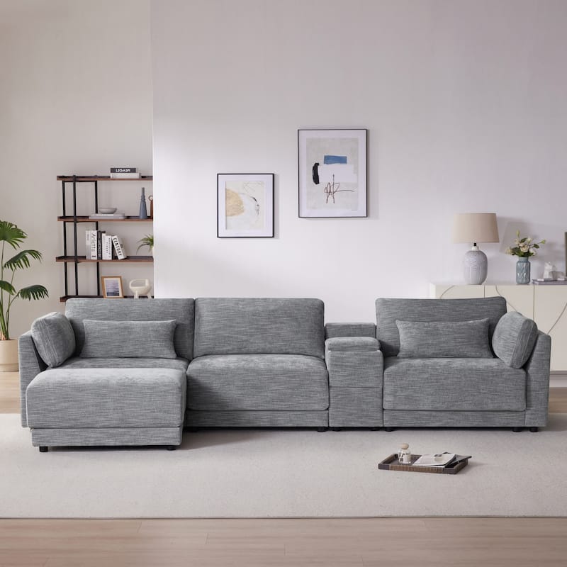 Roomfitters Modular Chenille Sofa with USB Console, Movable Ottoman and Wide 4-Seat Reversible L-Shaped Couch