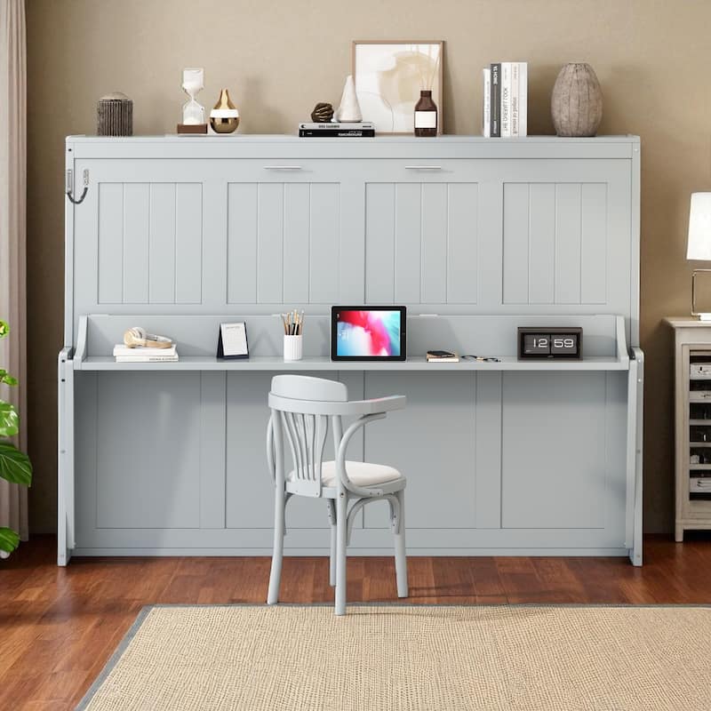 Full/Queen Murphy Wall Bed with Desk, Hydraulic Lift, 600 lb Capacity, 10 in Mattress, Space-Saving Home Office - Grey - Queen