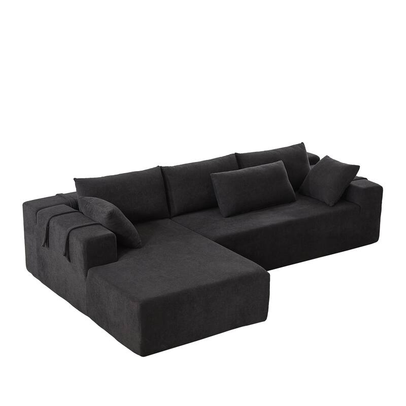 Chenille Upholstered Sectional Daybed Modular Sleeper Couch L Shape Sofa with Chaise Lounge & 6 Pillows for Living Room Loveseat