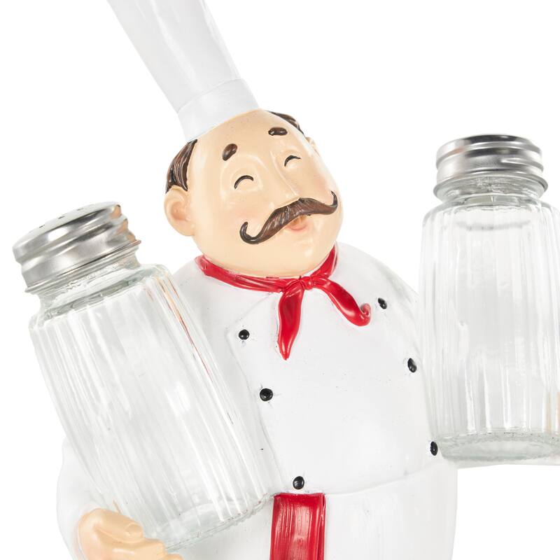 White Polystone Kitchen Decorative Figurine Chef Salt and Pepper Shaker Holder with Red Accents