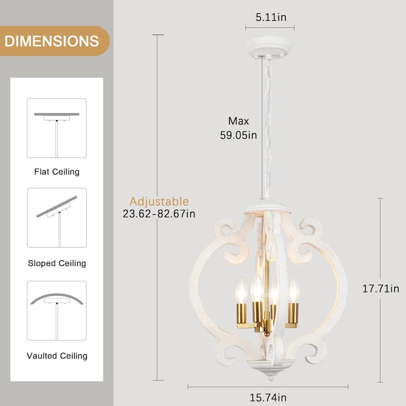 4-Light Antique Wood French Country Chandelier Vintage Pendant for Dining Room