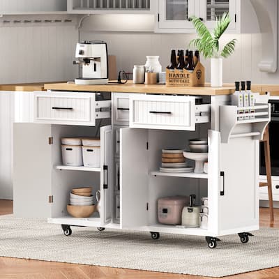 Kitchen Island Embossed Vertical Stripe Rolling Kitchen Cart on Wheels with Drop Leaf,Power Outlet