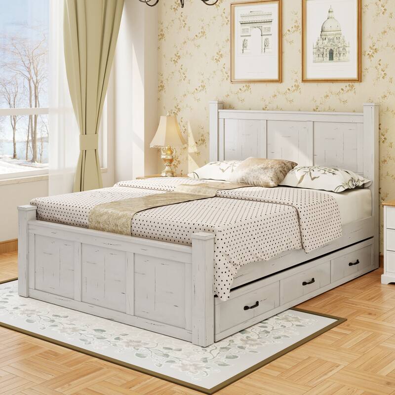 White Distressed Platform Bed Frame Wood Panel Bed w/ 3 Storage Drawers