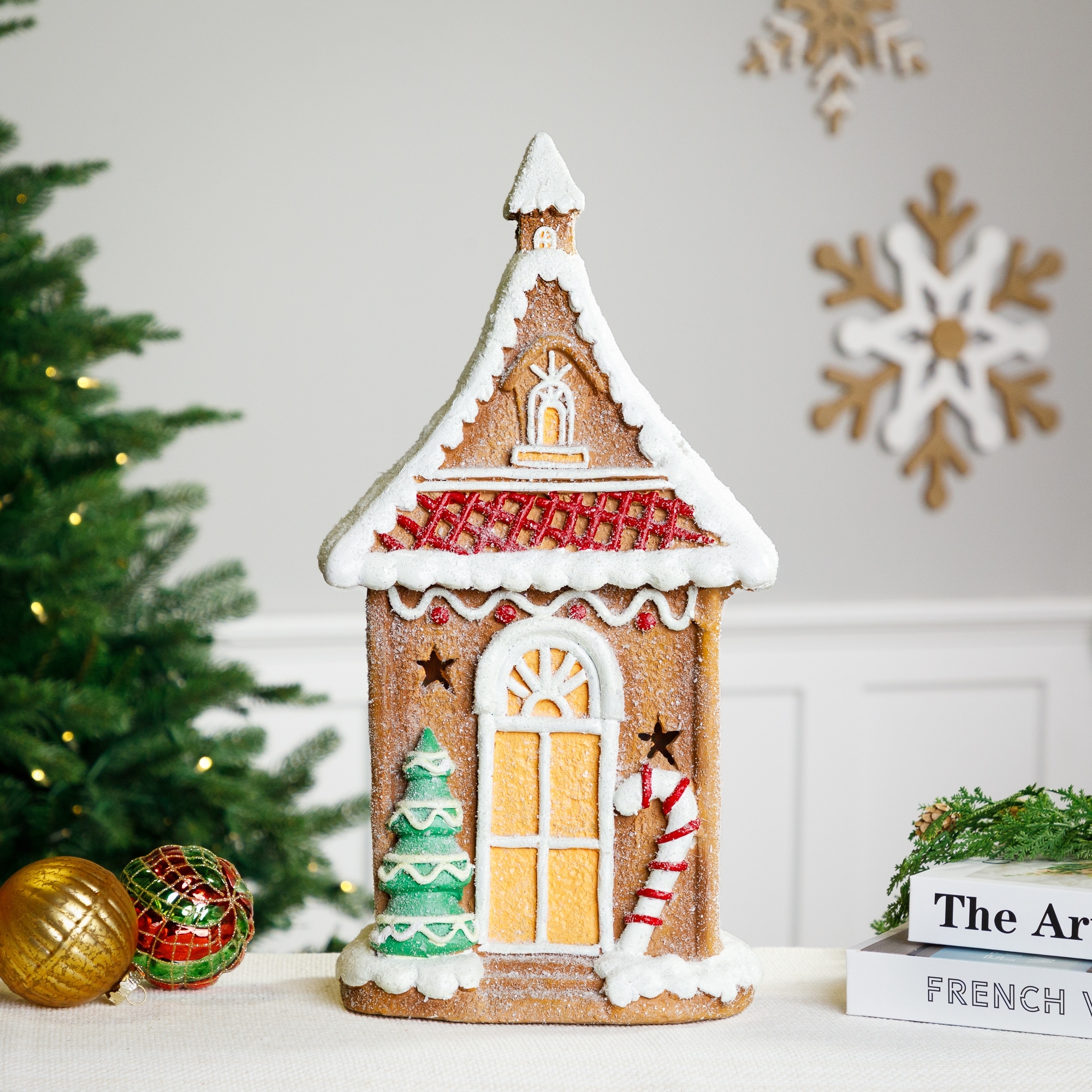 LED Lighted Gingerbread House with Christmas Tree and Candy Cane 18.5"