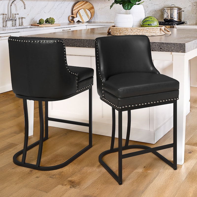 Modern 26" Barstool with Back Metal Frame Stool Counter Height Bar Stools and 6" Thick Cushion for Kitchen Island - Black/Faux Leather - Set of 2
