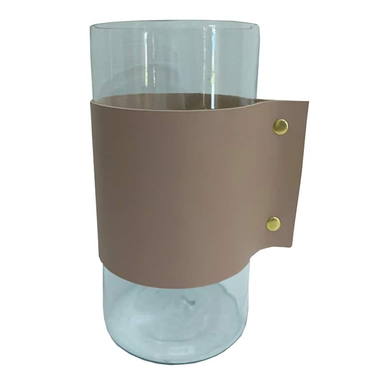Lg. Glass and Leather Wrapped Vase/Hurricane 5"Dia - A