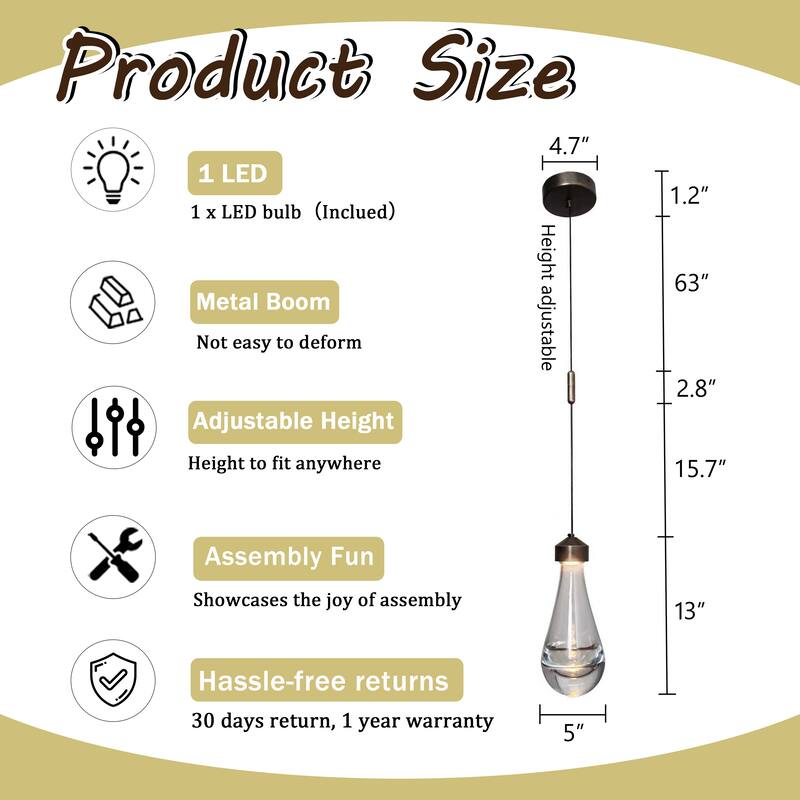 1-Light 5" Modern Teardrop Glass Integrated LED Pendant Light In Bronze Finish for Kitchen Island or Study Room - W5''