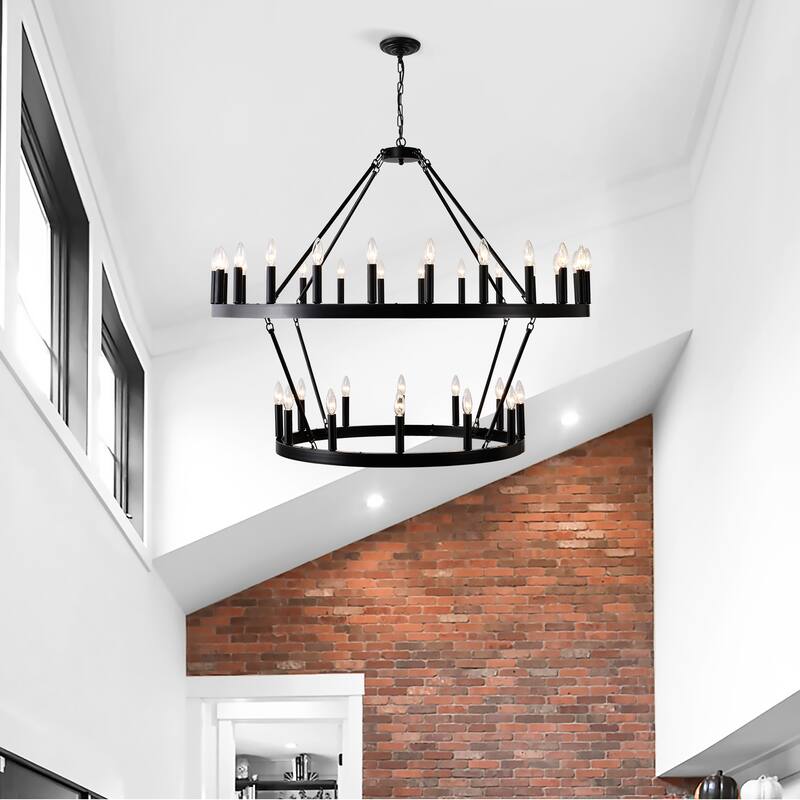 Farmhouse Industrial Style Ceiling Light, 2-Tier 36-Light Wagon Wheel Chandelier, for High-Ceilinged Living Rooms Dining Rooms