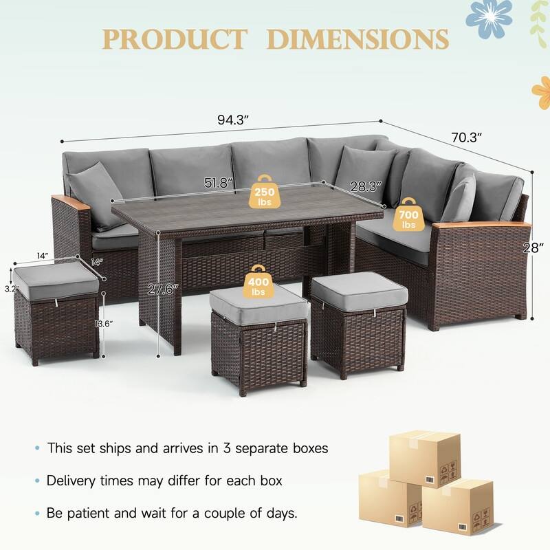 7-Piece Outdoor Sectional Set w/ Dining Table – All-Weather PE Rattan Patio Furniture for Garden, Poolside & Backyard