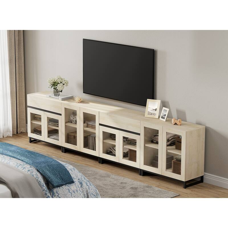 4 in 1 Multifunctional Dresser with Glass Doors & 2 Drawers, Adjustable Shelf & Metal Base Storage Cabinet