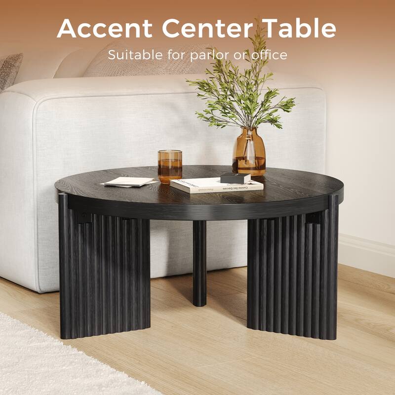 JASIWAY Black Wood Round Coffee Table with Fluted Legs