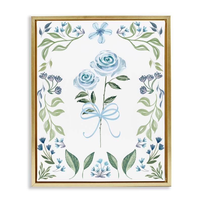 Stupell Blue Roses & Floral Border Framed Floater Canvas Wall Art Design By Kristen Brockmon - 25 x 31 - Gold
