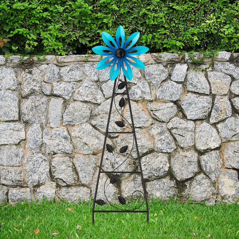Glitzhome 44"H Glossy Painted Metal Yellow//Blue/Orange/Red Flower Wind Spinner Yard Stake