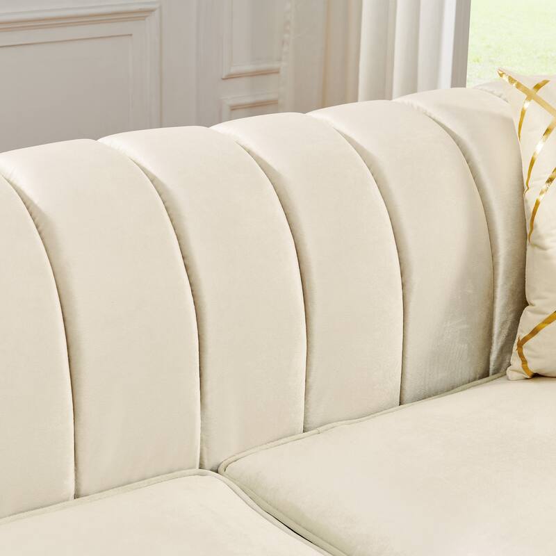 Velvet Chesterfield 3 Seater Sofa, Button Tufted Upholstered Sofa, Lounge Sofa with Stainless Steel Accents & Metal Legs
