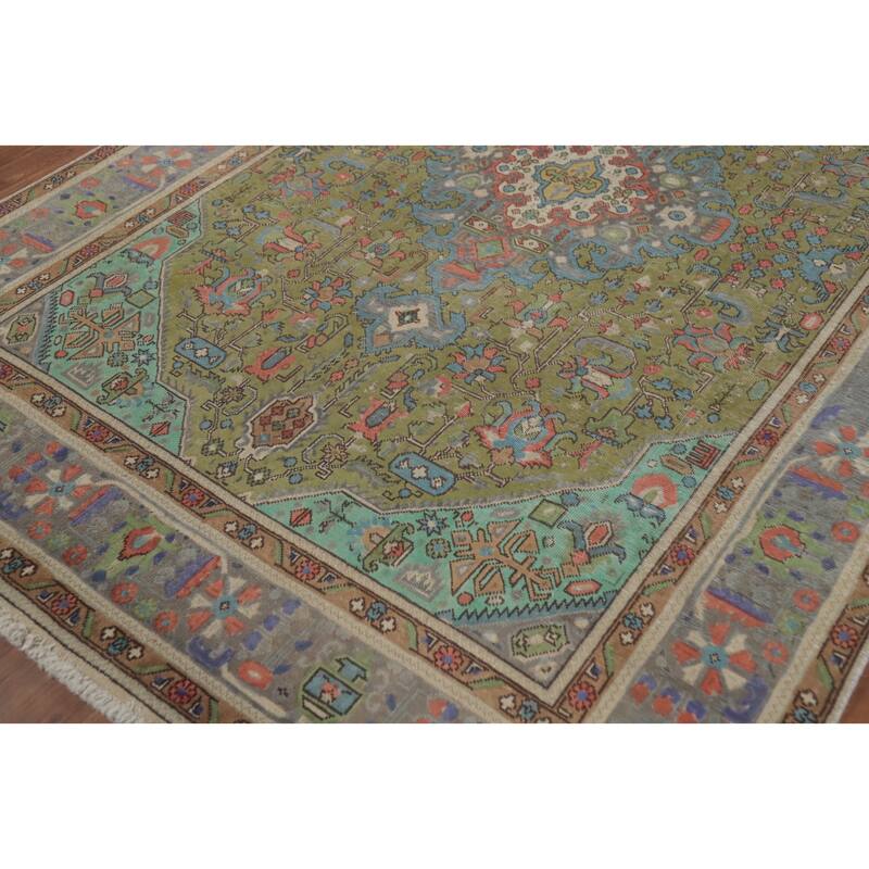 Green Tabriz Persian Vintage Area Rug Traditional Handmade Wool Carpet - 6'4" x 9'5"