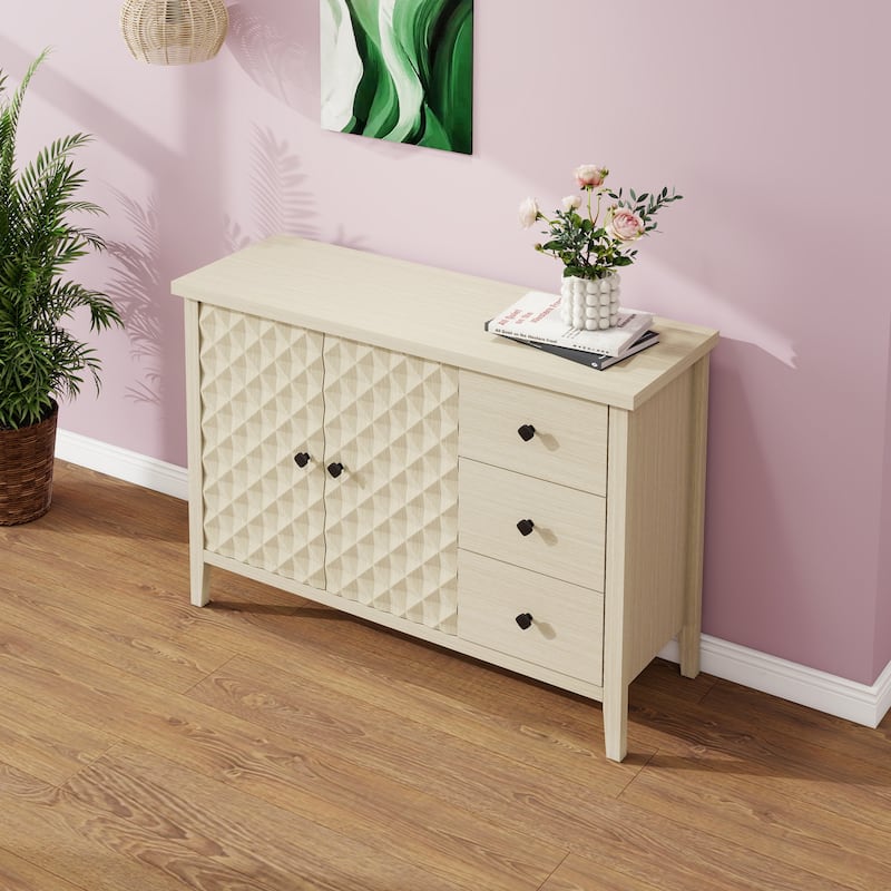 Roomfitters Modern Buffet Cabinet with 2 Embossed Doors and 3 Drawers, Accent Sideboard Storage Cabinet, Natural