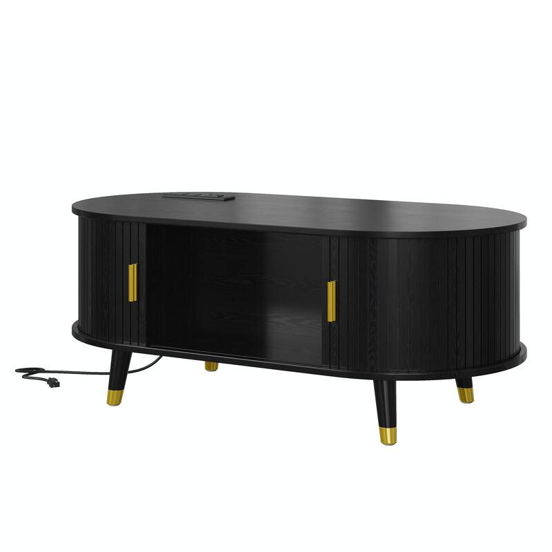 42.5" Wood Oval Coffee Table with Charging Station, Mid-Century Center Table with Sliding Tambour Door, Farmhouse Cocktail Table