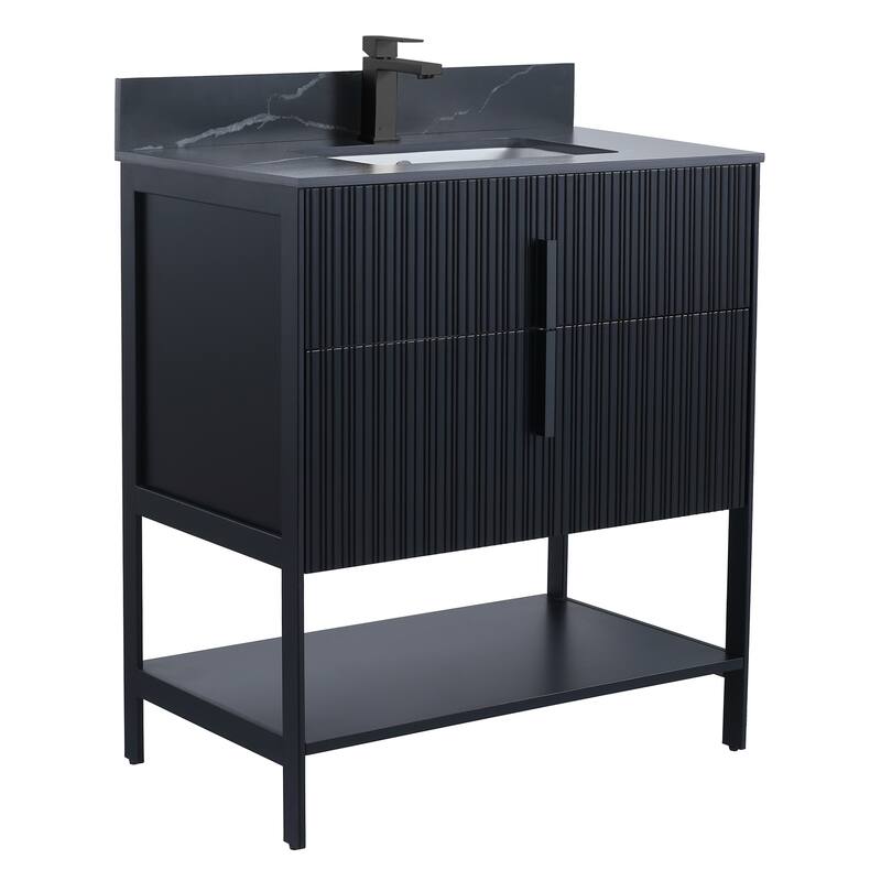 Fine Fixtures Serenity Modern Bathroom Vanity with Black Sintered Stone Top - Black Matte - Black Hardware - 30 inch