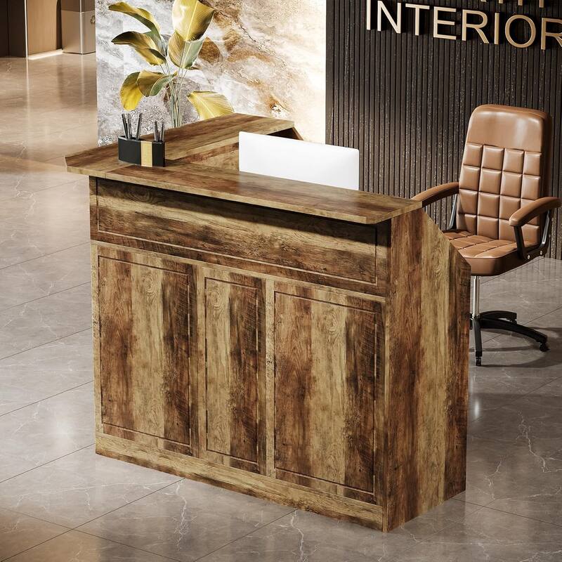 Reception Desk with Storage Shelves, L-Shaped Modern Front Desk