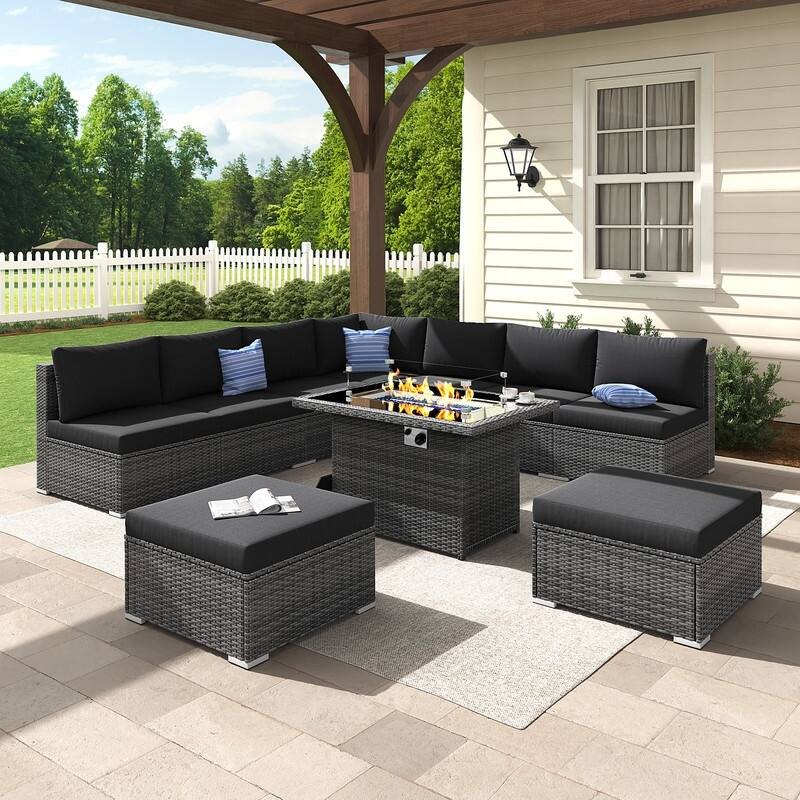 FINCATI 10-Piece Outdoor Wicker Sectional Furniture Set with Fire Pit Table for Backyard Patio - 10 PCS