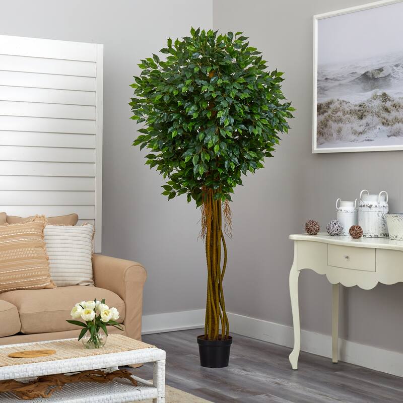 7.5' Artificial Ficus Outdoor Tree in Brown Pot