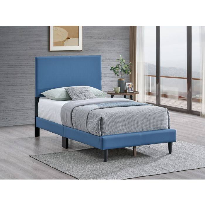Twin Bed with Adjustable Headboard, Blue Faux Leather, No Mattress Included - Blue