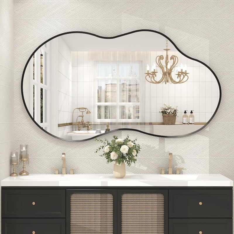 Asymmetrical Cloud High-Strength Aluminum Alloy Framed Easy French Mounted Wall Mirror - 60" x 32" - Black