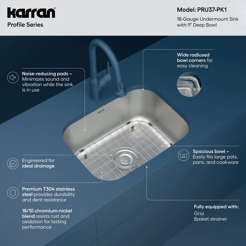 Karran Profile 23” Undermount 18 Gauge Single Bowl Stainless Steel Kitchen Sink with Accessories