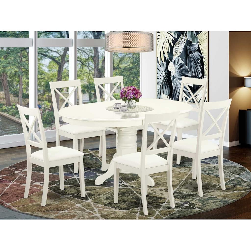 HomeStock 7-Pc Linen White Finish Solid Wood Top Dining Table with 6 Chairs