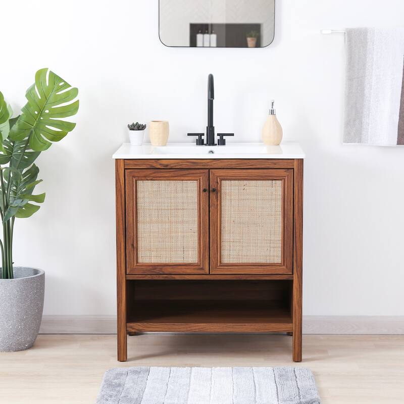 Jasper Rattan Modern Coastal 2-Shelf Bath Vanity Cabinet Only (Sink Basin Not Included), By JONATHAN Y - Walnut - 30"W x 18"D x 33"H