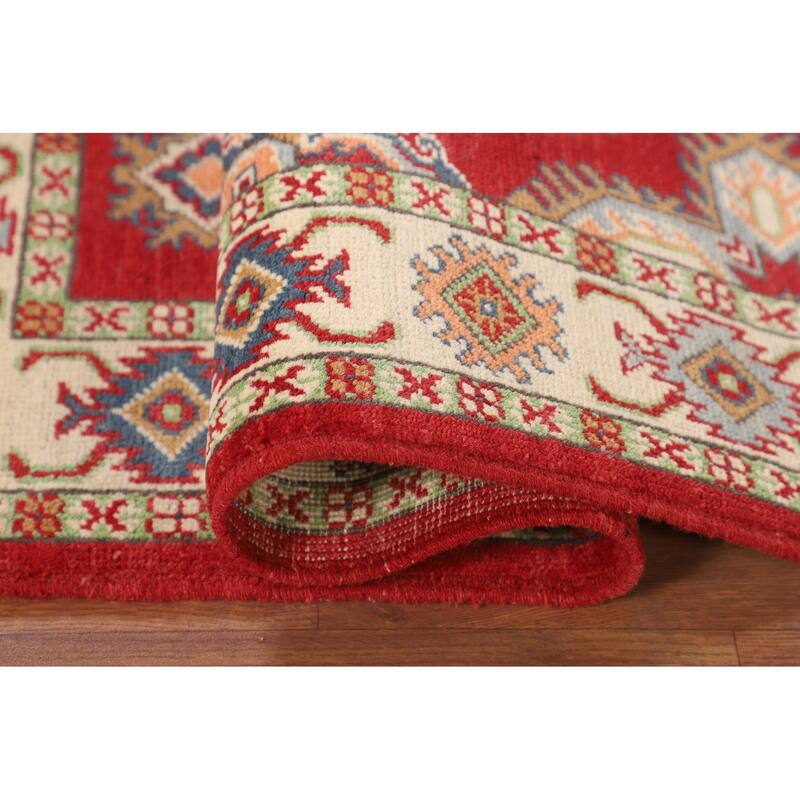 Geometric Red Kazak Accent Rug Handmade Wool Carpet - 3'2" x 5'1"